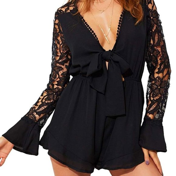 POINT OF VIEW BLACK LONG CROCHET SLEEVE ROMPER - Picture 9 of 10